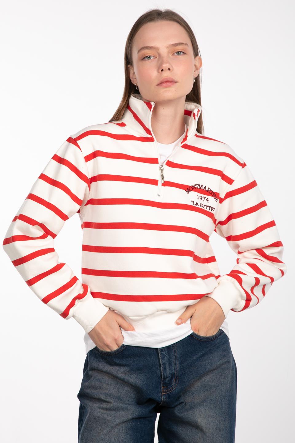 Çizgili yarım fermuarlı baskılı sweatshirt-83-579 Ekru/Kırmızı