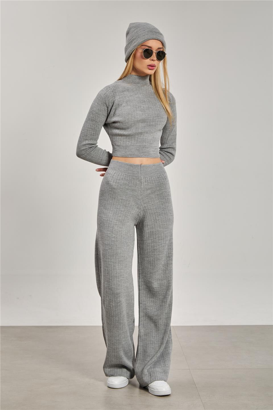 Crop kazak pantolon ikili takım-6478 Gri