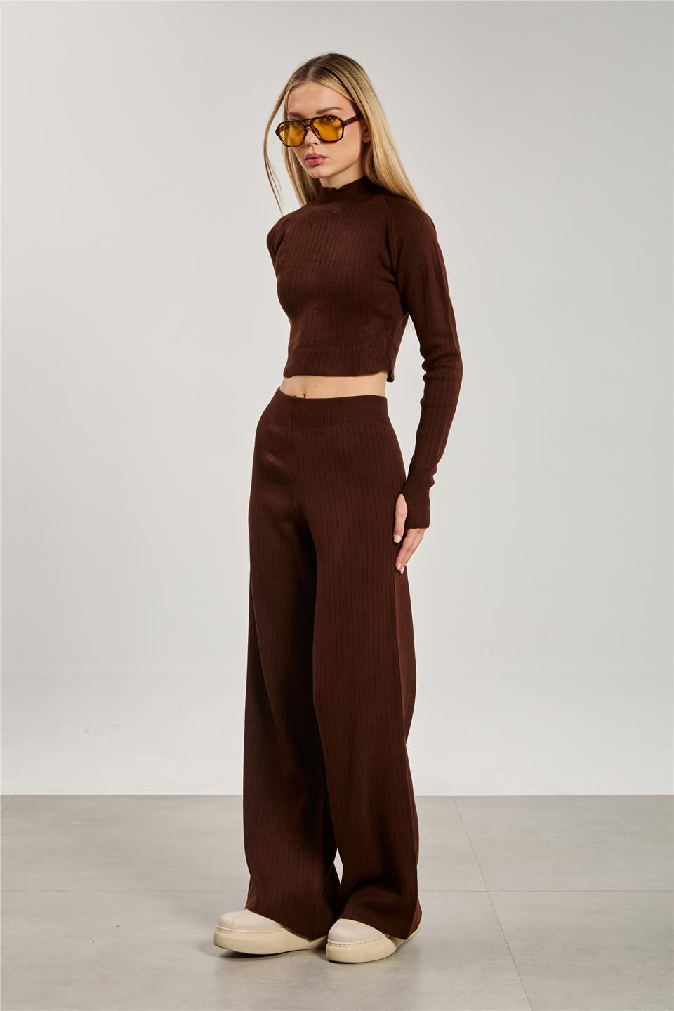Crop kazak pantolon ikili takım-6478 Kahve