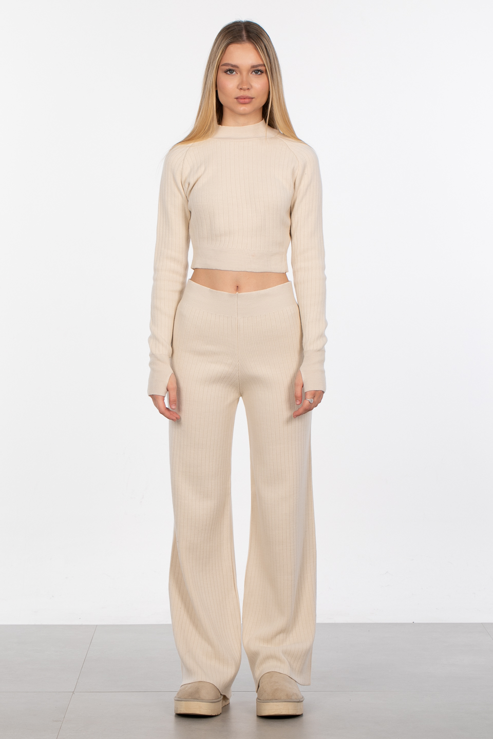 Crop kazak pantolon ikili triko takım-6478 Taş