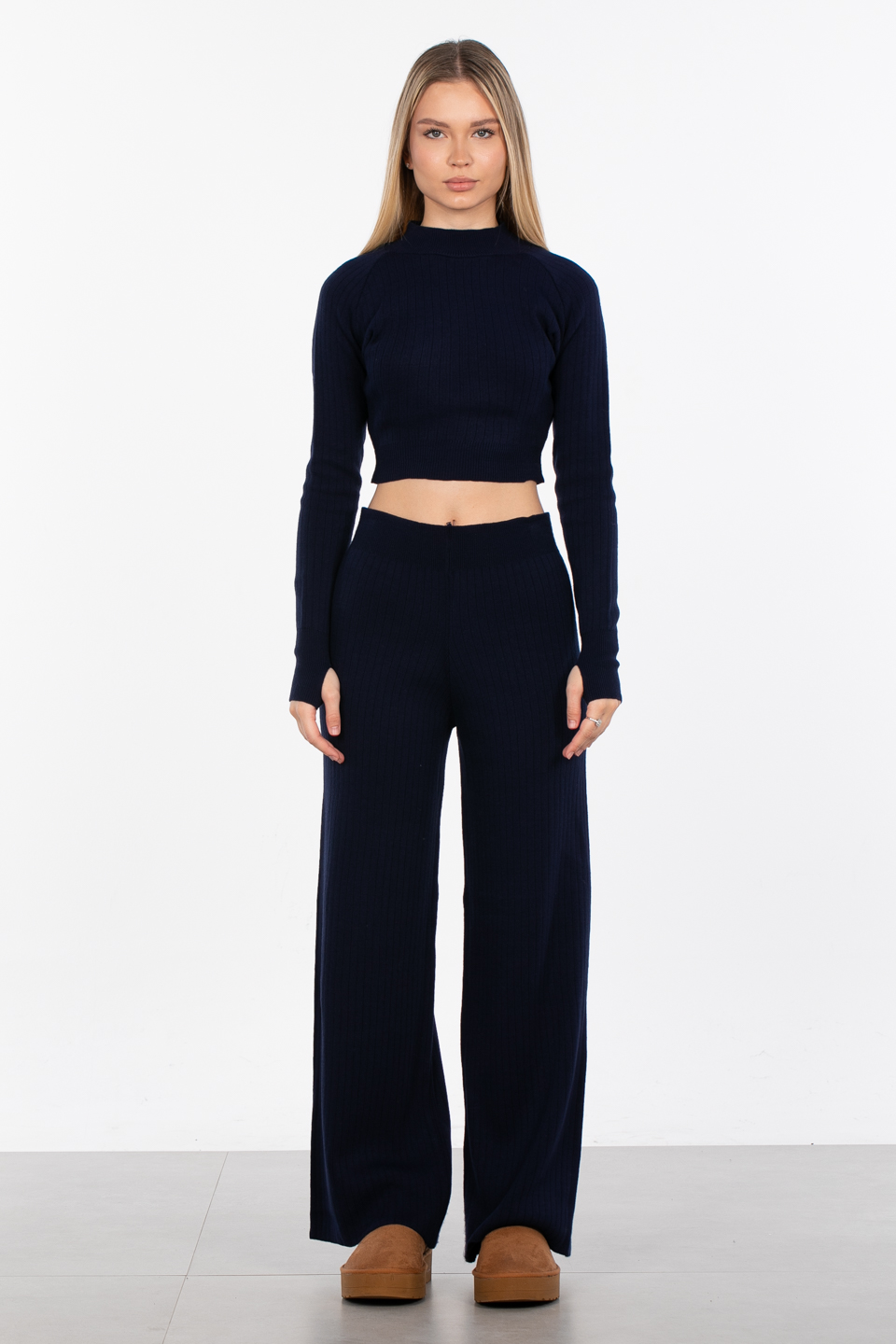 Crop kazak pantolon ikili triko takım-6478 Lacivert