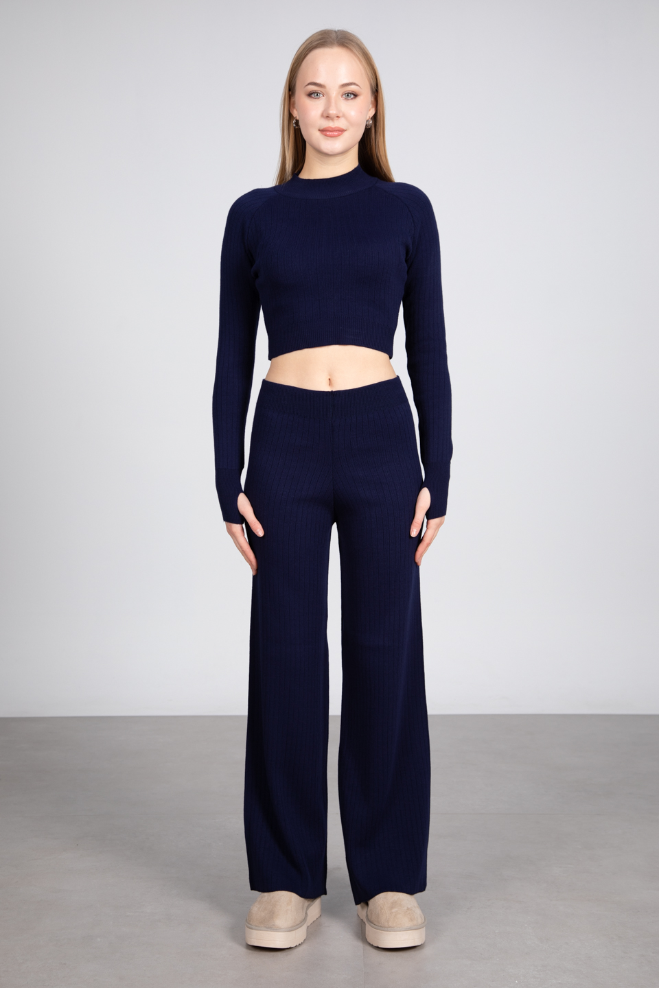 Crop kazak pantolon triko takım-6478 Lacivert