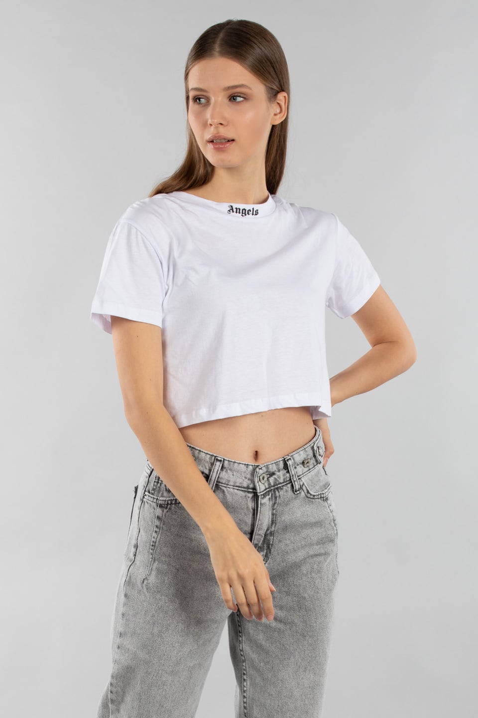 Crop sırtı angels baskılı t-shirt-4036 Beyaz