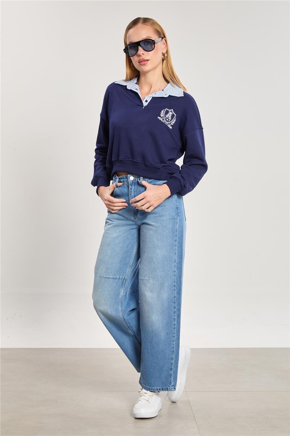 Kadın Dikiş Detaylı Balon Jean Pantolon - Mavi