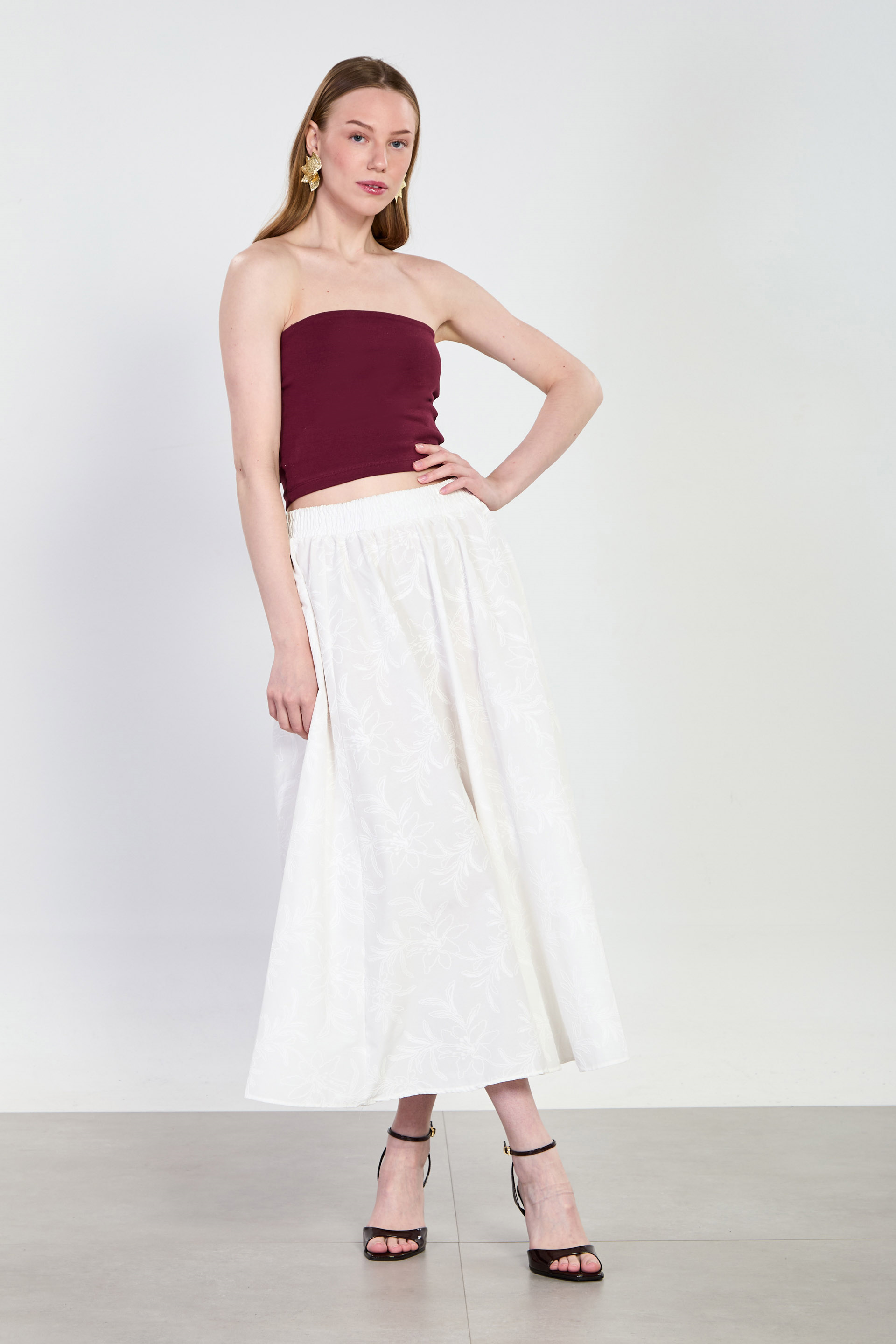 Kadın Çiçek Nakışlı Uzun Vual Etek - Ekru