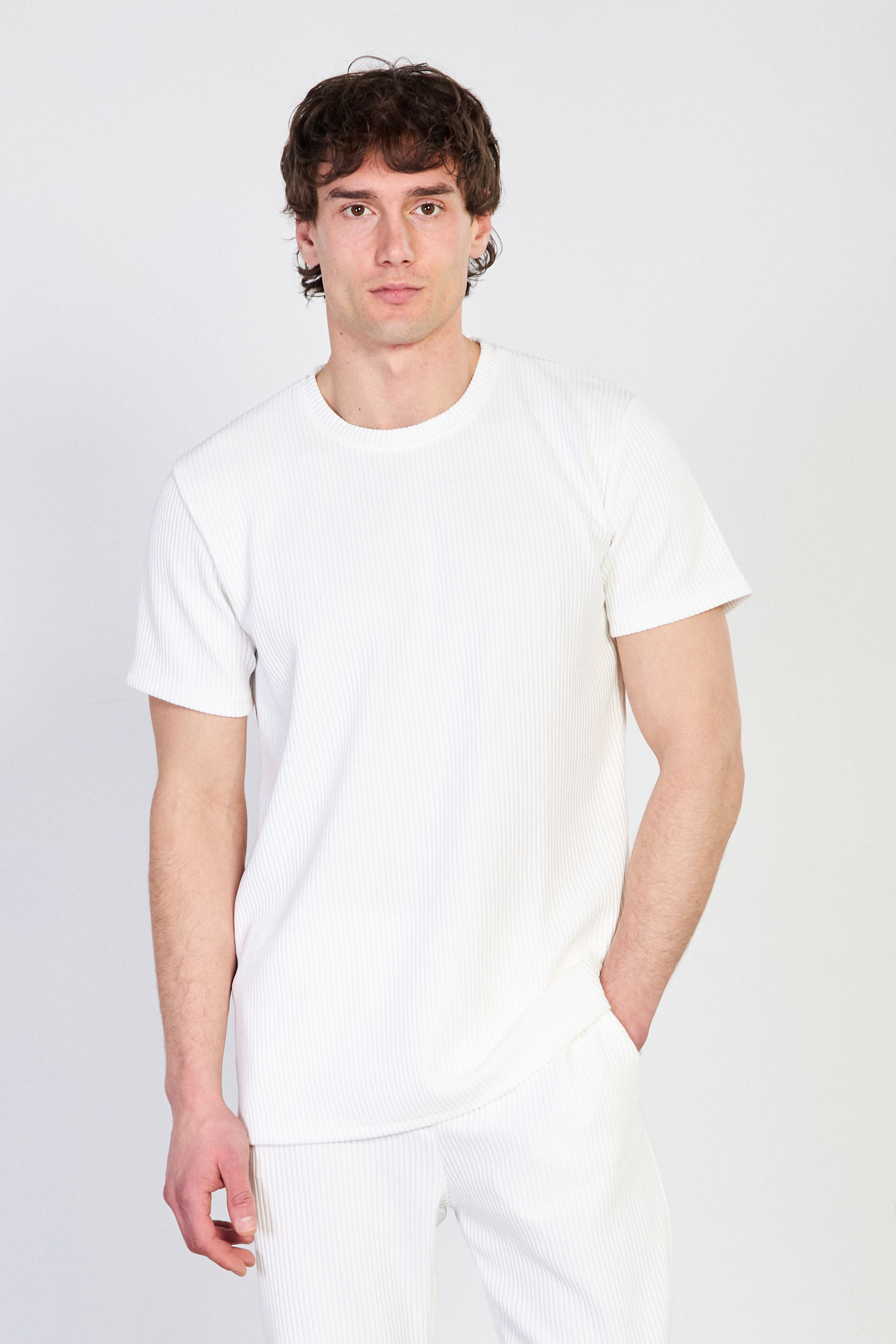 Erkek Fitilli Bisiklet Yaka T-Shirt - Beyaz