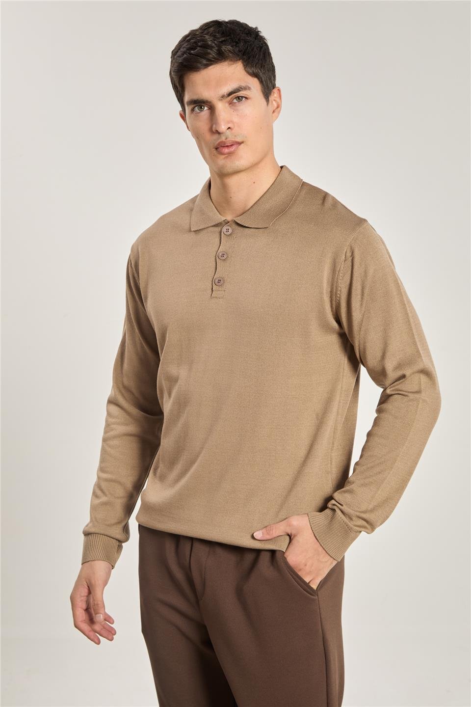 Erkek Polo Yaka Düğmeli Triko Kazak - Vizon