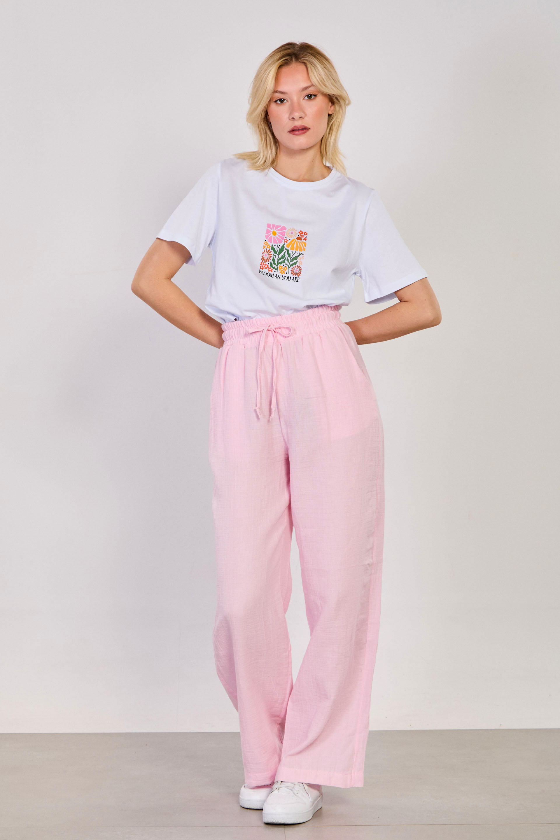 Kadın Beli Bağlamalı Pamuklu Bol Pantolon - Pembe