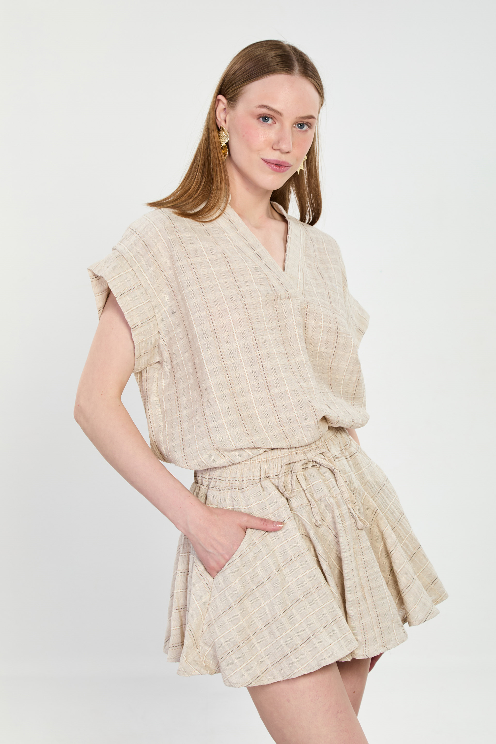 Çizgili Şort Etek - Taş