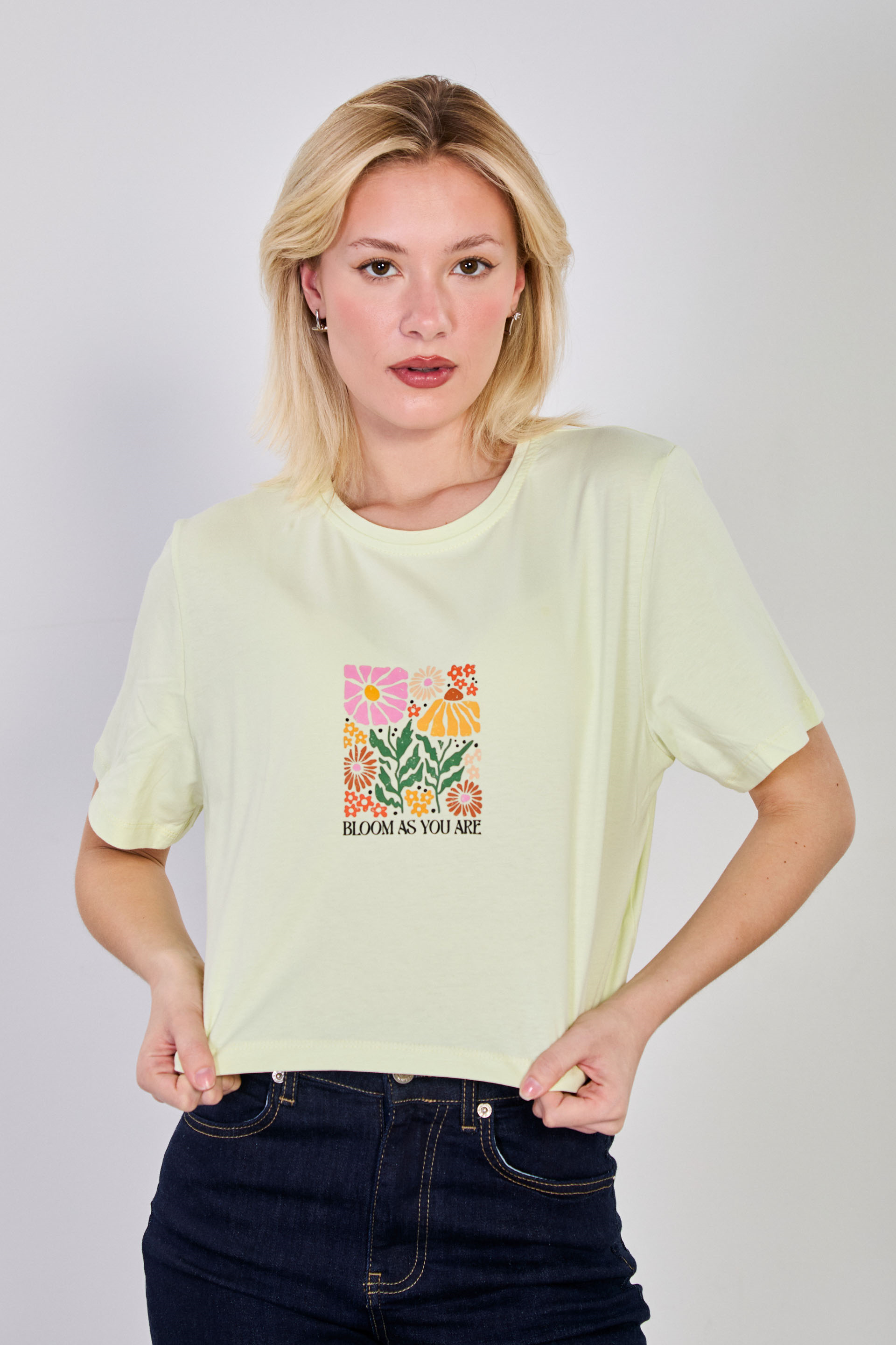 Kadın Çiçek Baskılı Crop T-Shirt - Sarı