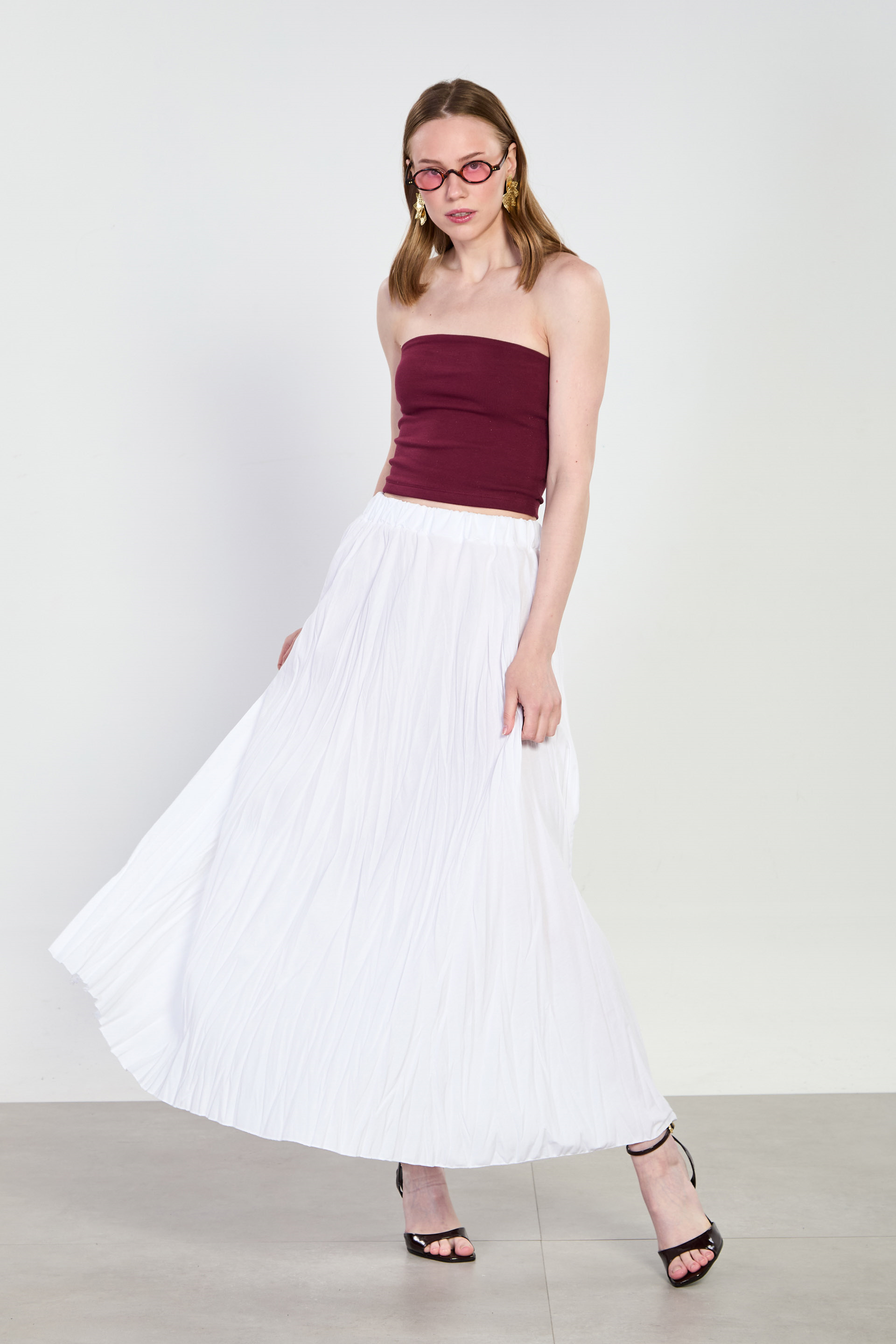 Kadın Beli Lastikli Kraşlı Uzun Etek - Beyaz