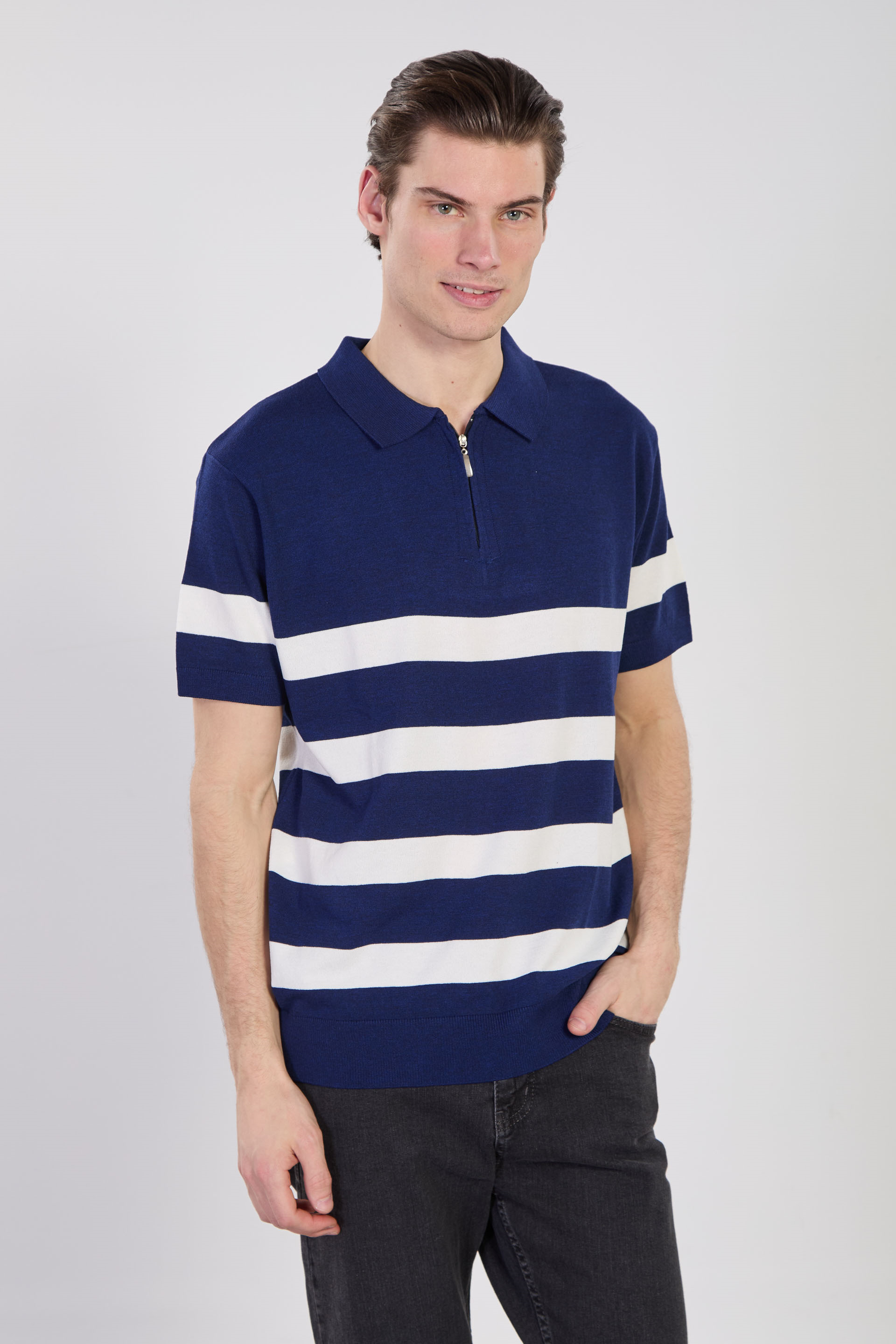 Erkek Yarım Fermuarlı Çizgili Polo Yaka T-Shirt - İndigo