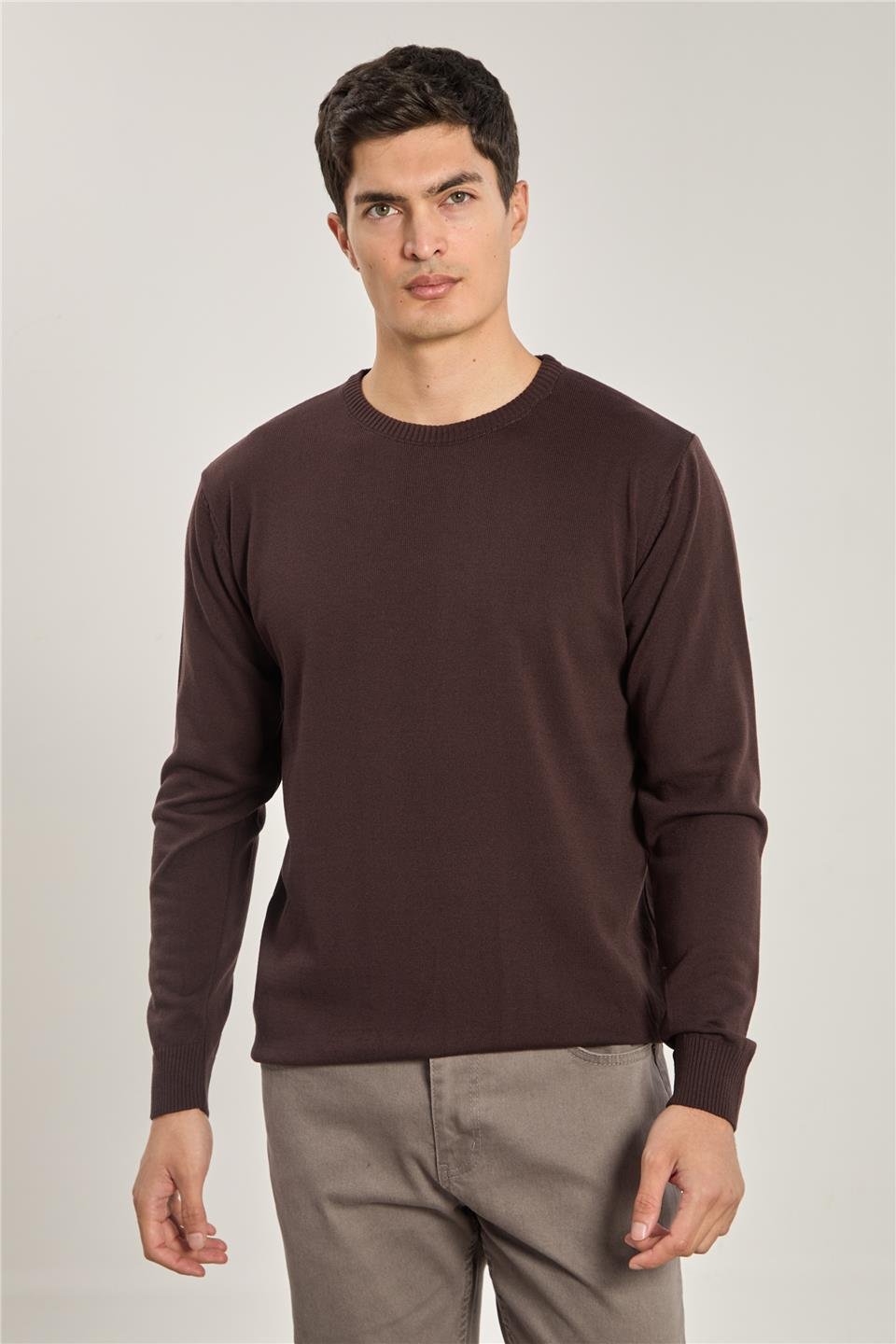 Erkek Uzun Kollu Triko Kazak - Kahve