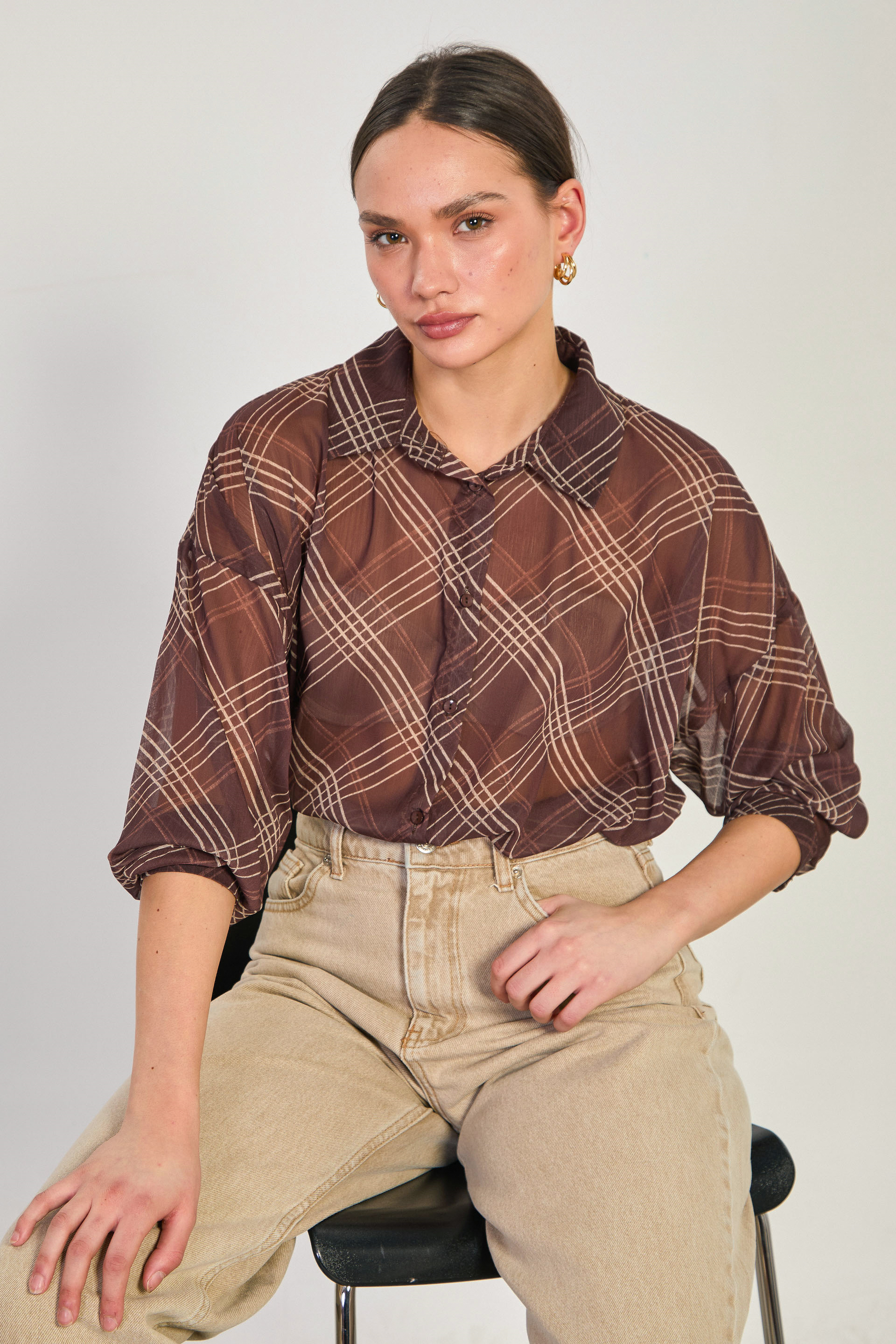 Kadın Ekose Desen Şifon Gömlek - Kahve
