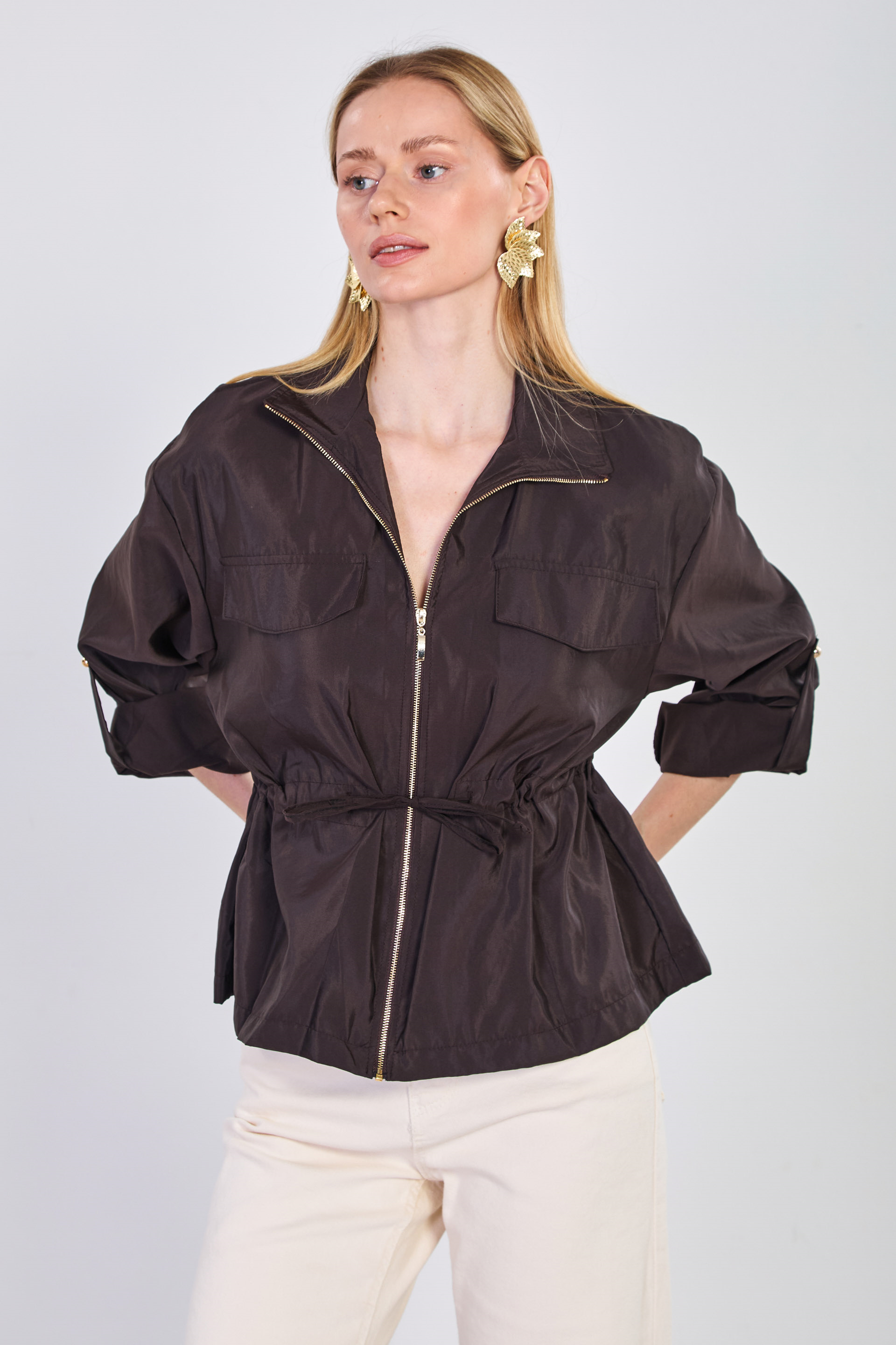 Kadın Beli Lastikli Fermuarlı Ceket - Acı Kahve