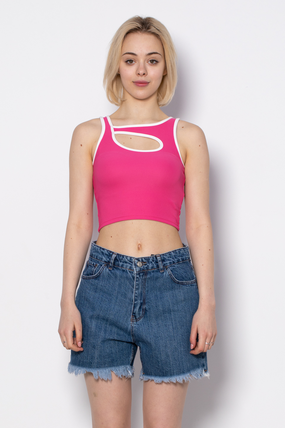 Damla dekolteli biyeli body-5281 Fuşya
