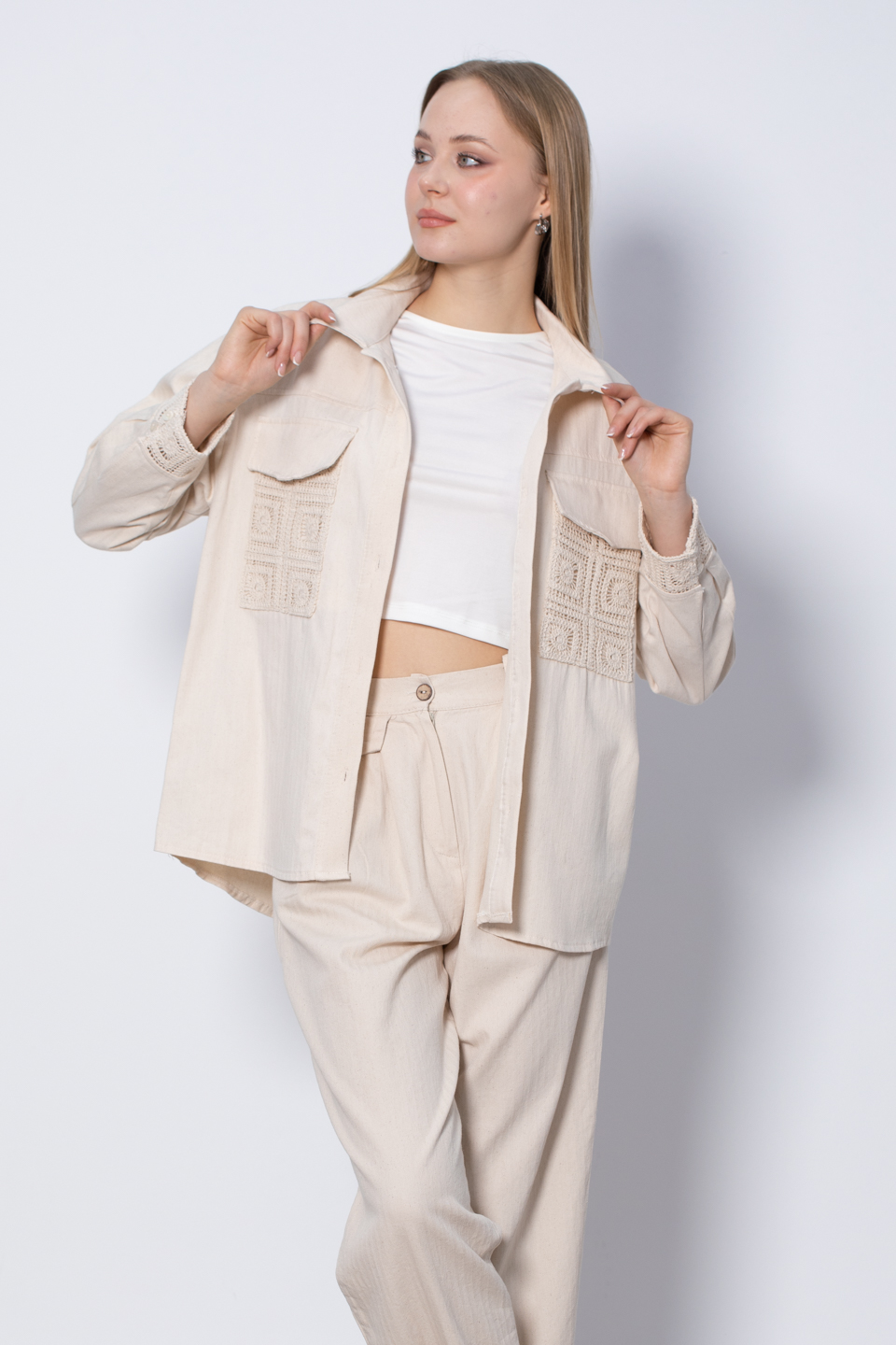 Dantel Detaylı Gömlek - Taş