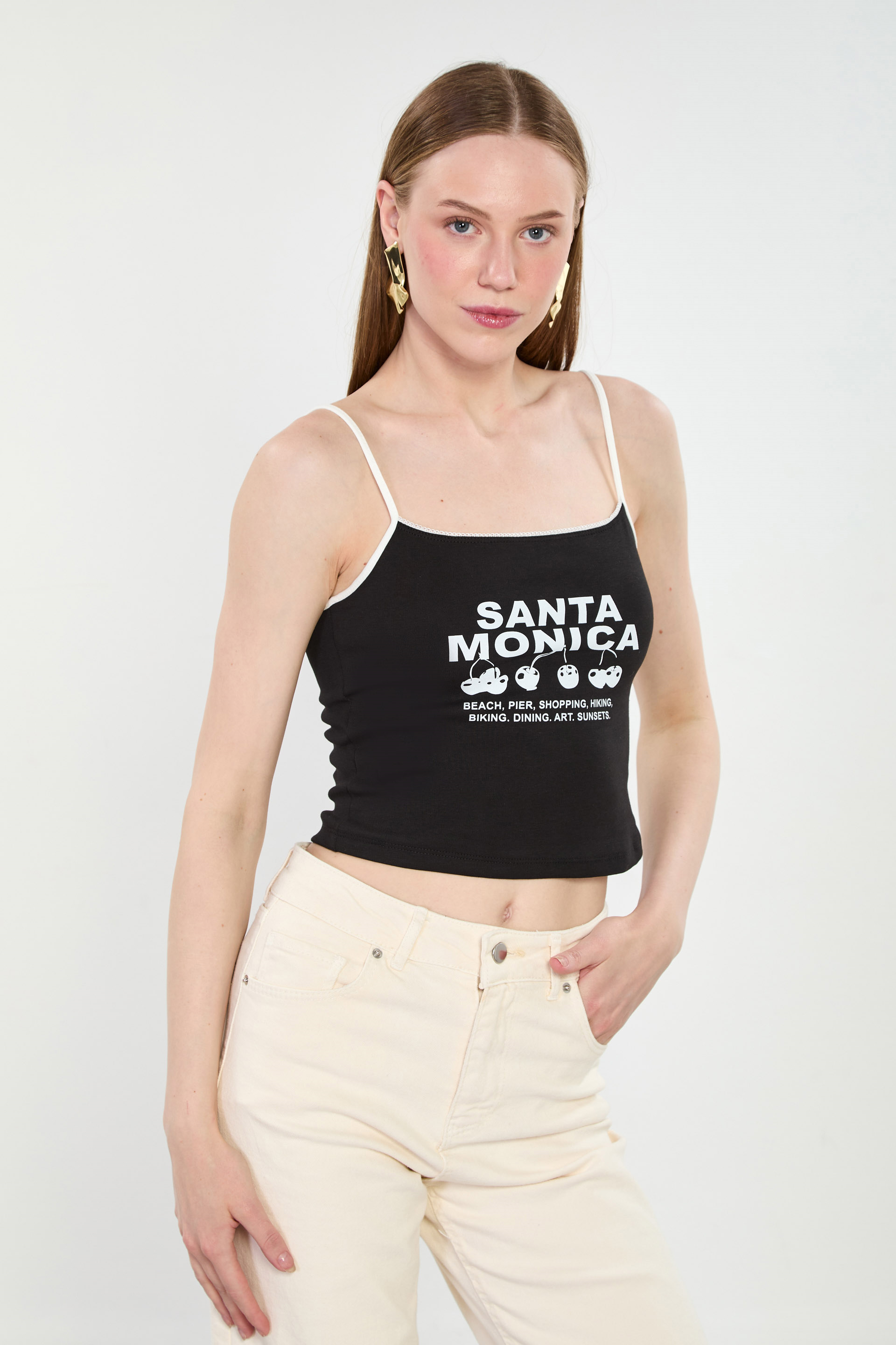 Kadın Santa Monica Yazılı İp Askılı Crop Top - Siyah