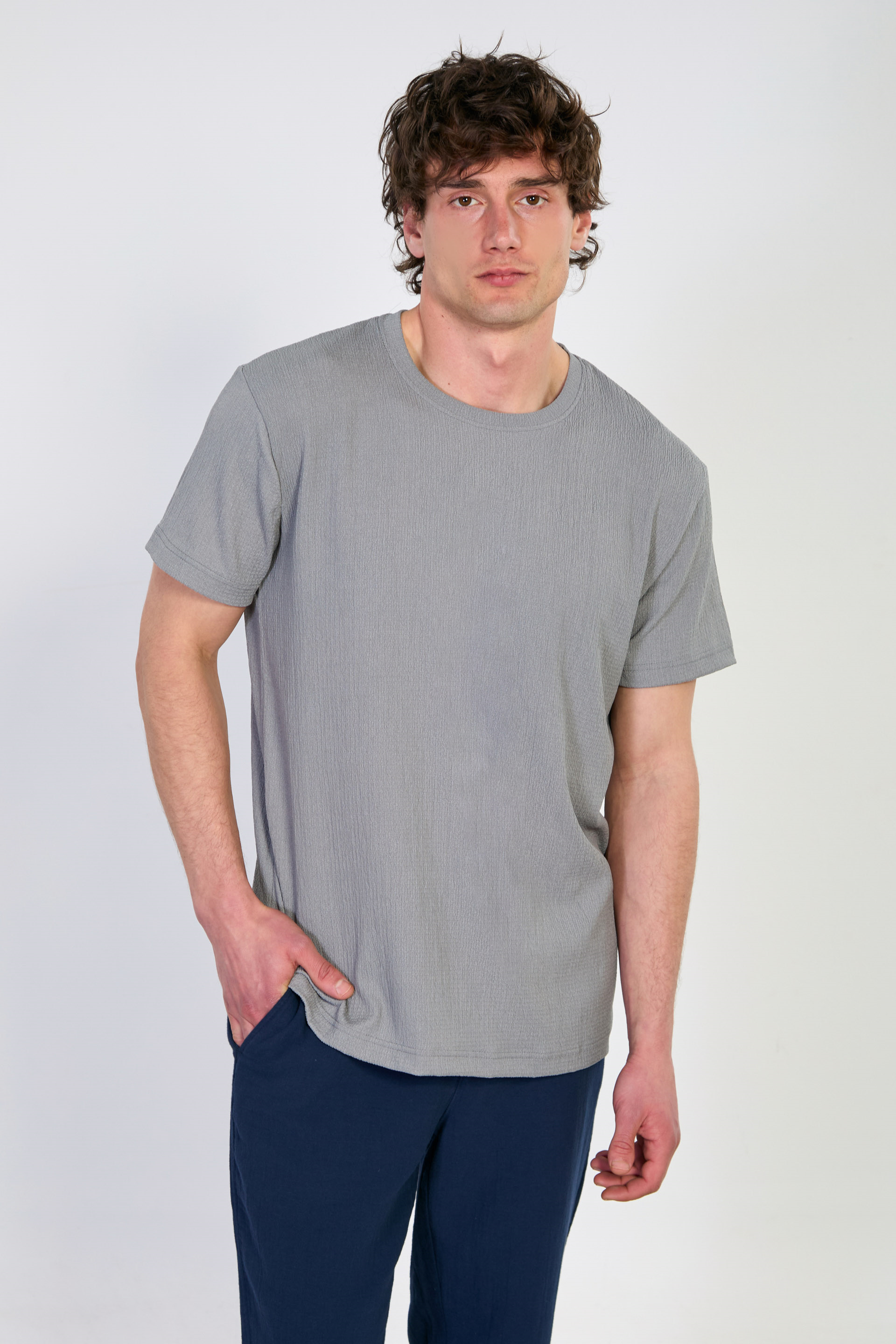 Erkek Bisiklet Yaka Bürümcük T-Shirt - Antrasit