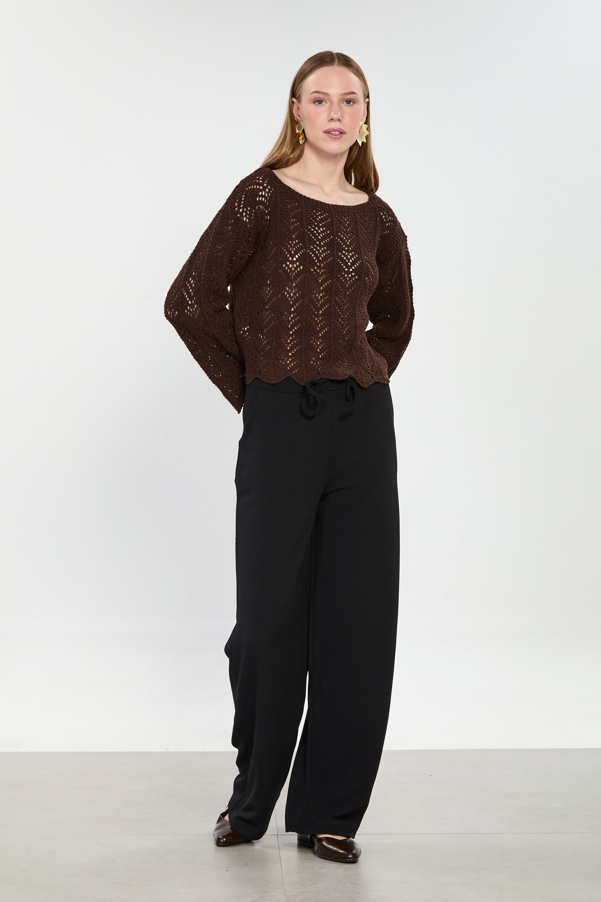 Kadın Beli İpli Bol Pantolon - Siyah