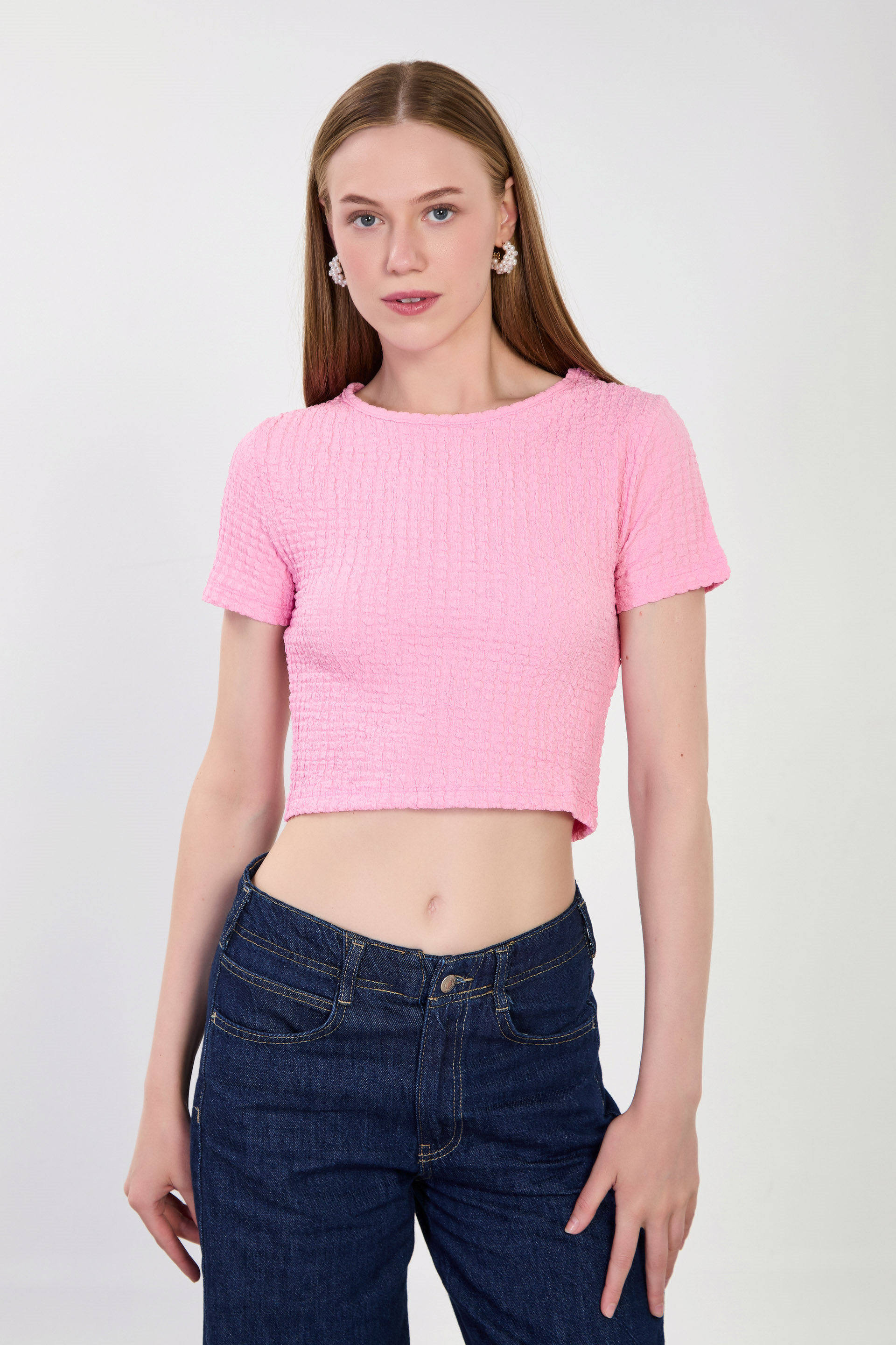 Kadın Kısa Kollu Bubble T-Shirt - Pembe