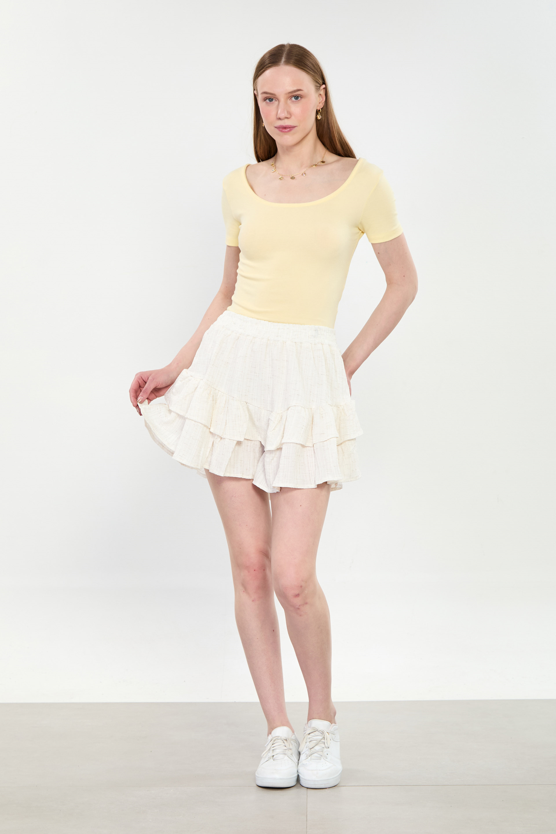 Kadın Fırfırlı Şort Etek - Natural