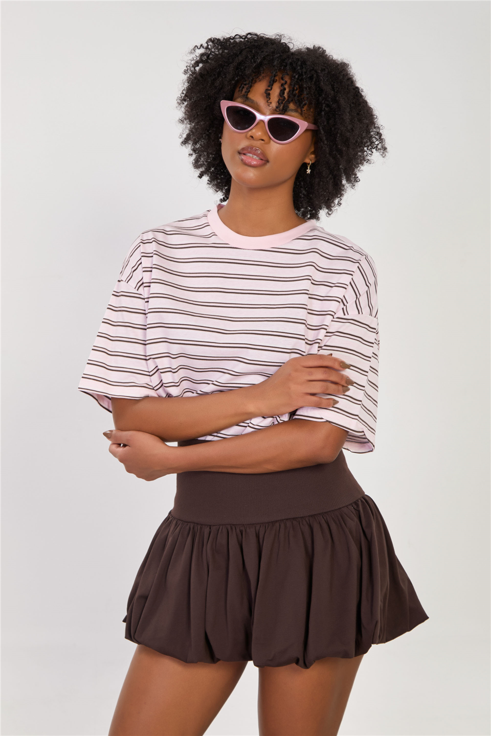 Kadın Bisiklet Yaka Çizgili Oversize T-Shirt - Pembe/Kahve