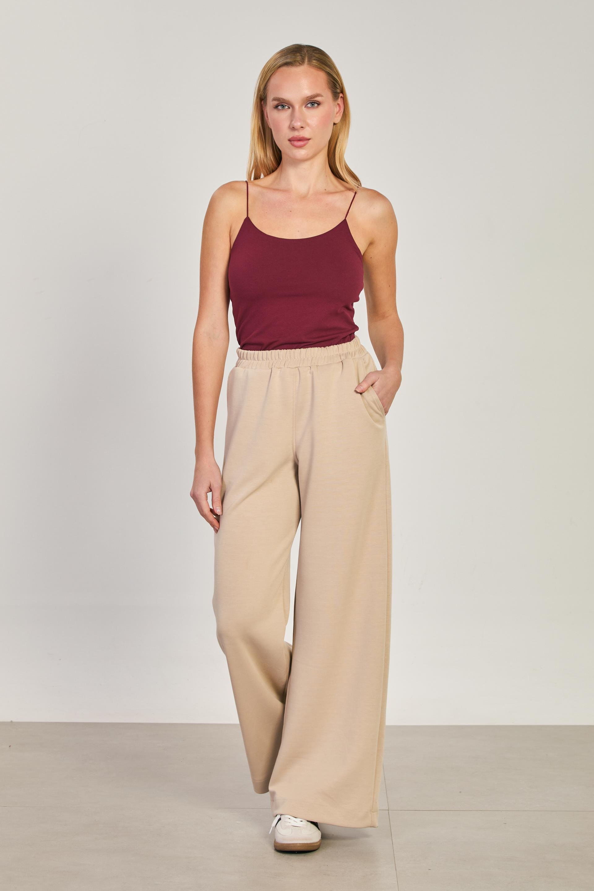 Kadın Beli Lastikli Modal Bol Paça Pantolon - Vizon