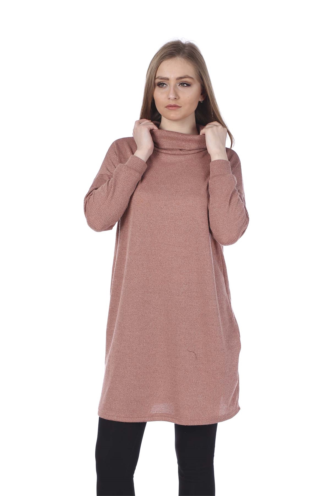 Degaje Yaka Triko Tunik-Pudra