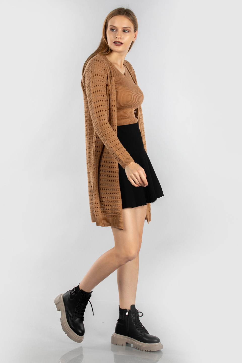 Delikli triko hırka-6210 Vizon