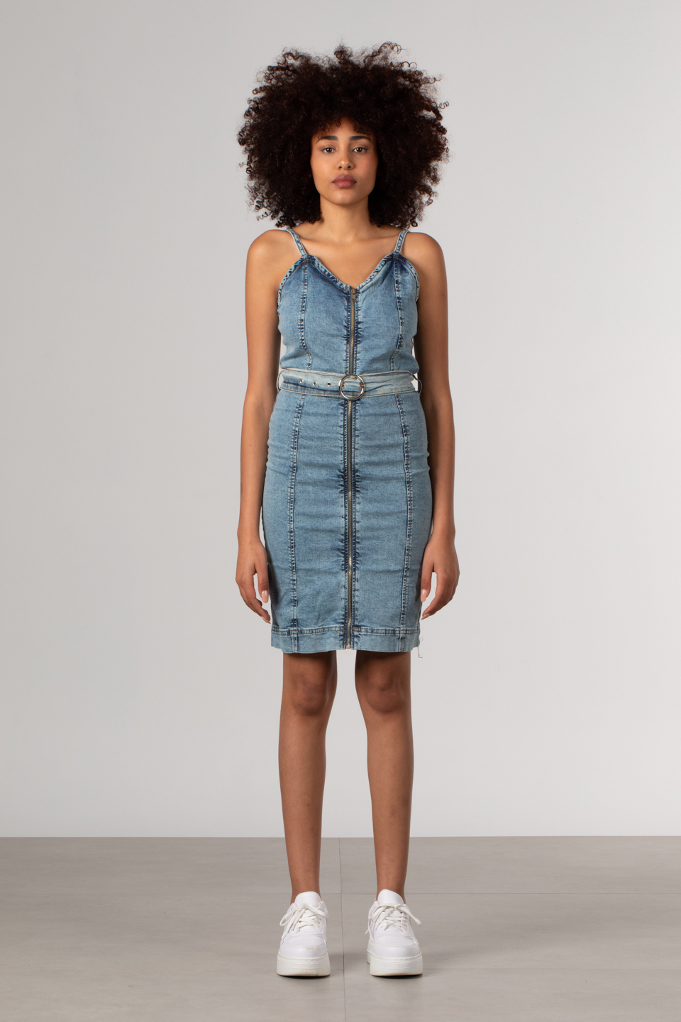 Denim fermuarlı kemerli elbise-7136 Mavi K.Y.