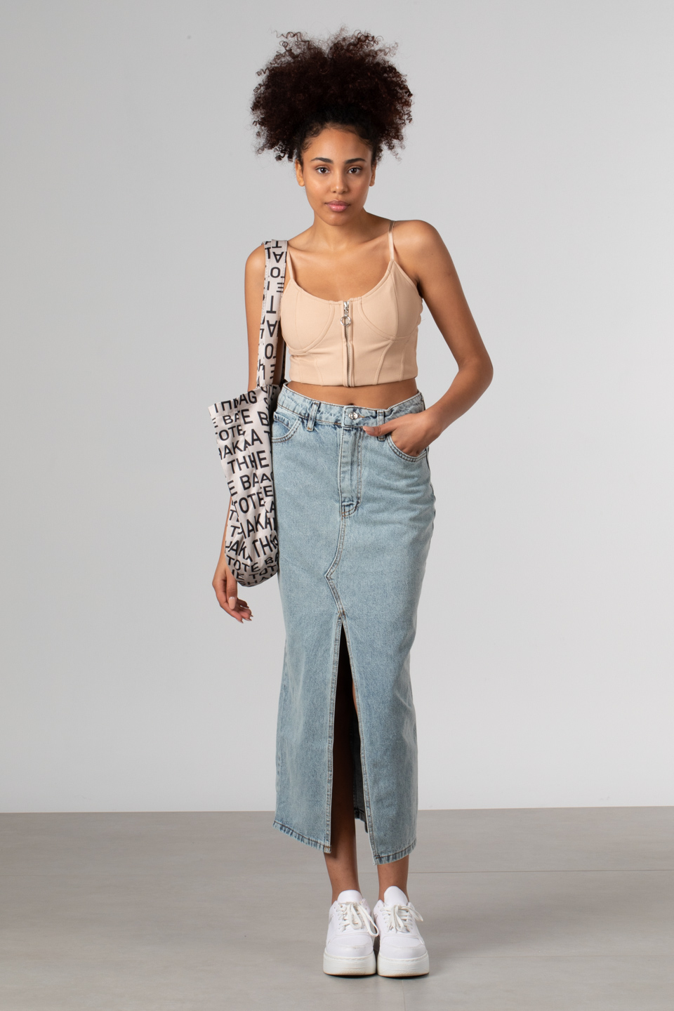 Denim önü yırtmaçlı etek-6129 Mavi K.Y.