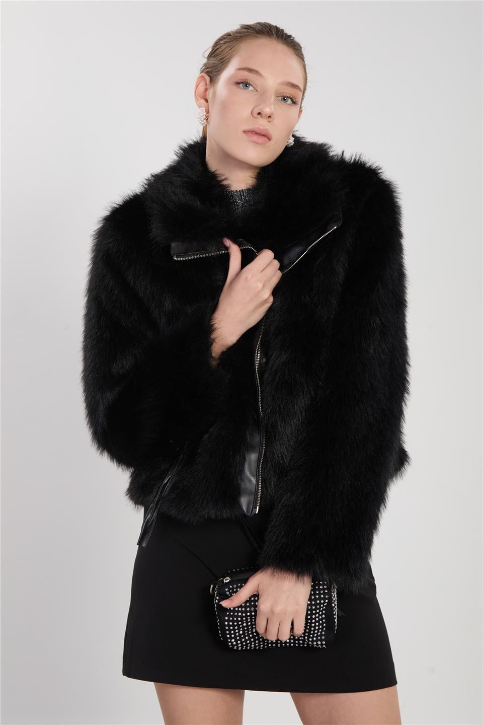 Deri detaylı peluş mont-2709 Siyah