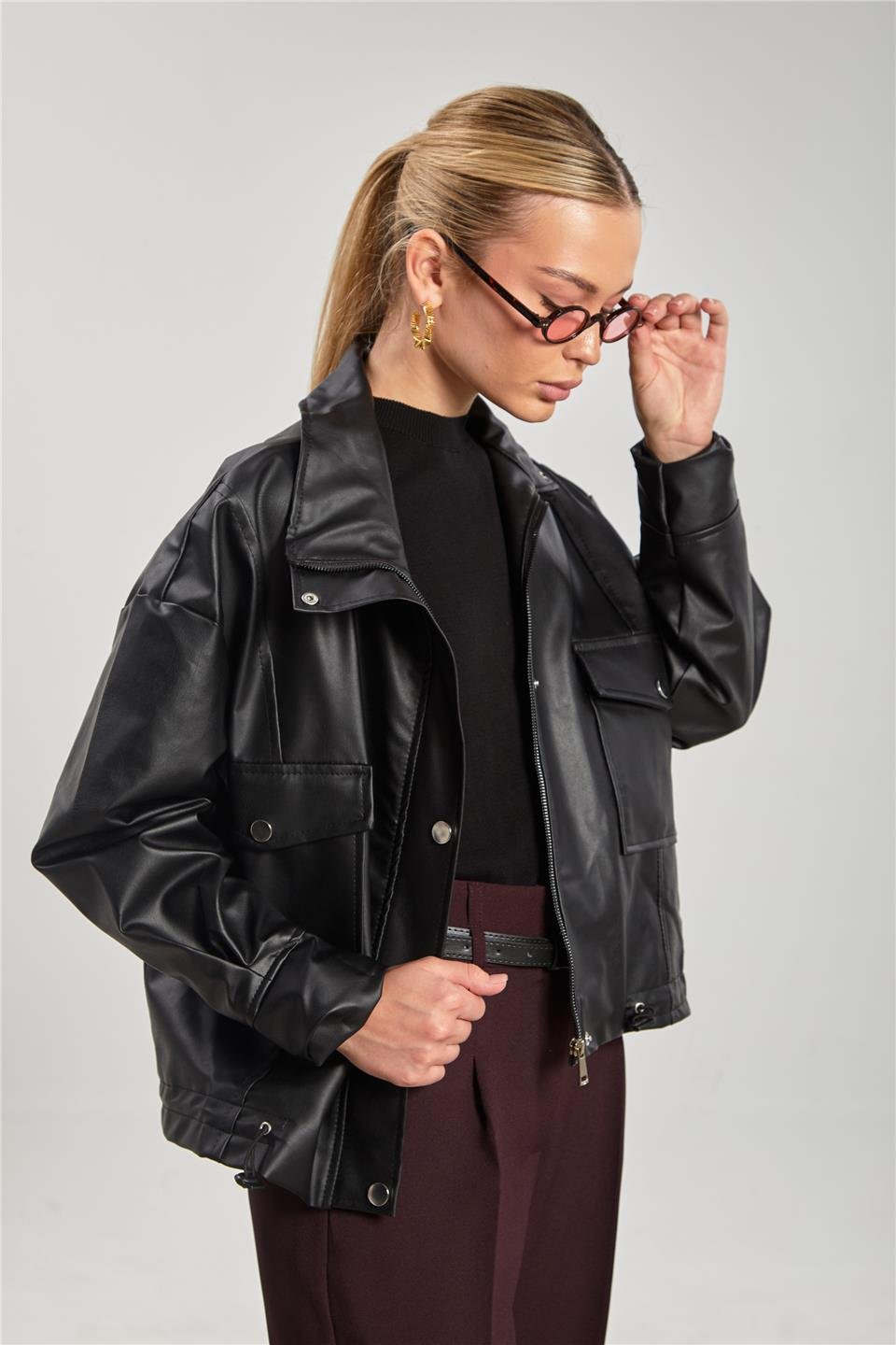 Deri görünümlü çift cep ceket-2142 Siyah