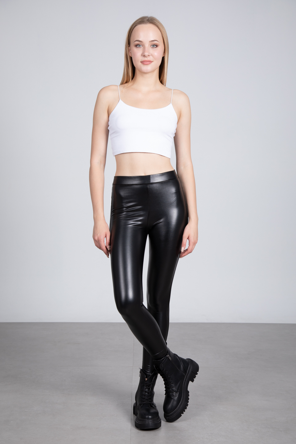 Deri görünümlü tayt-90527 Siyah