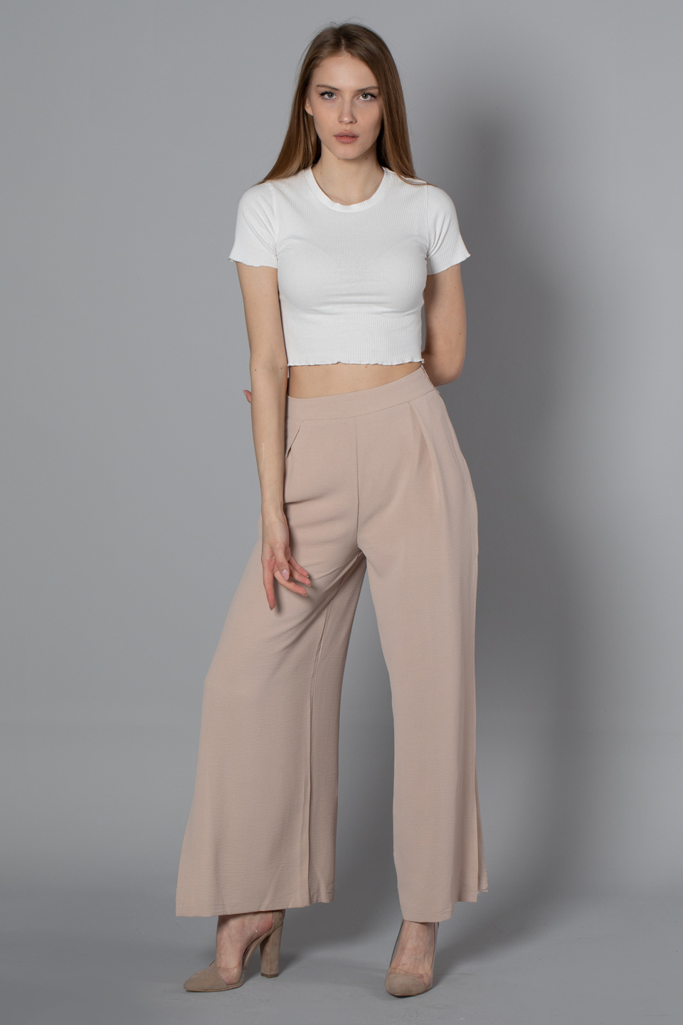 Derin yırtmaçlı pantolon-3632 Taş