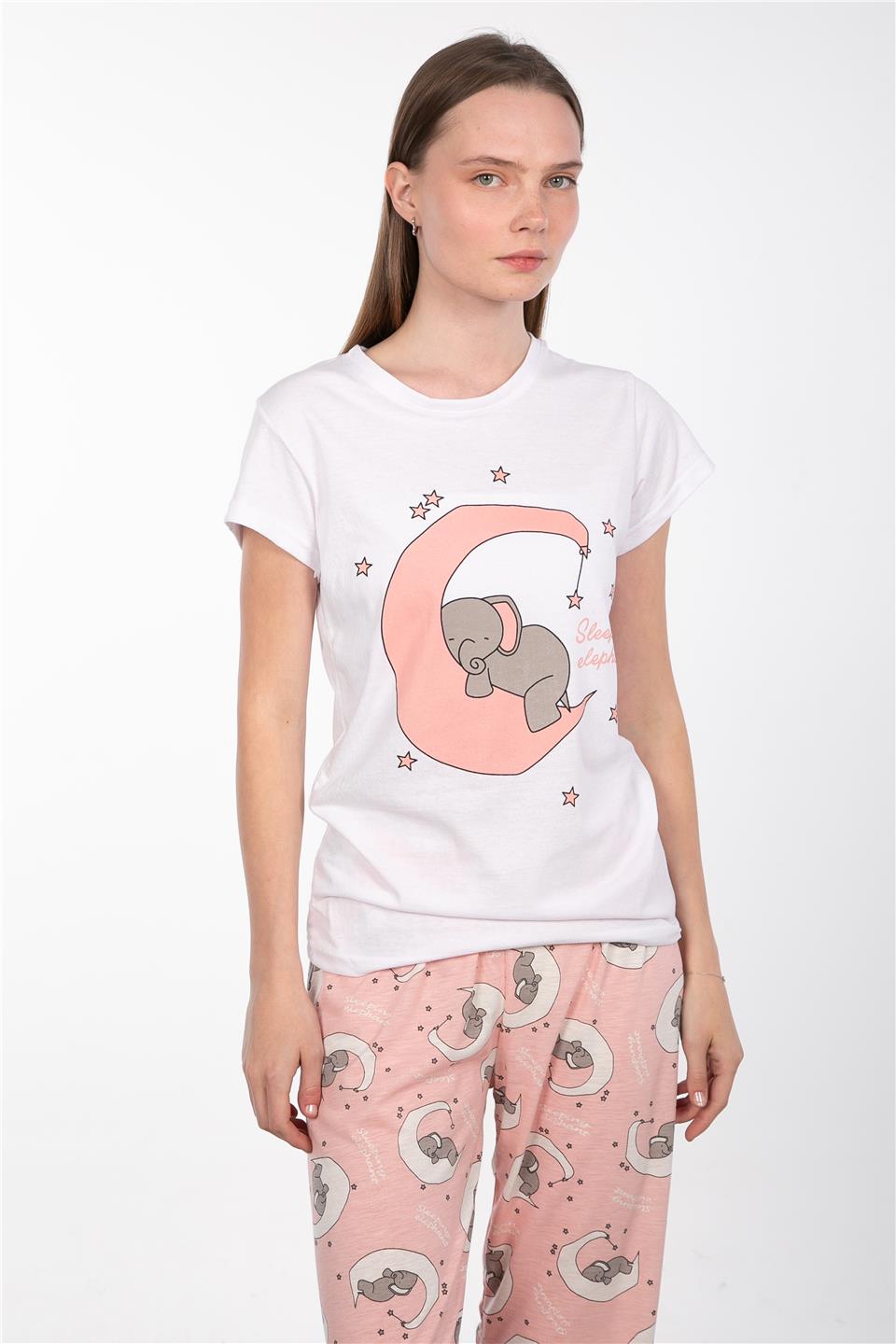 Desenli bisiklet yaka pijama takımı-2042 Pembe Fil