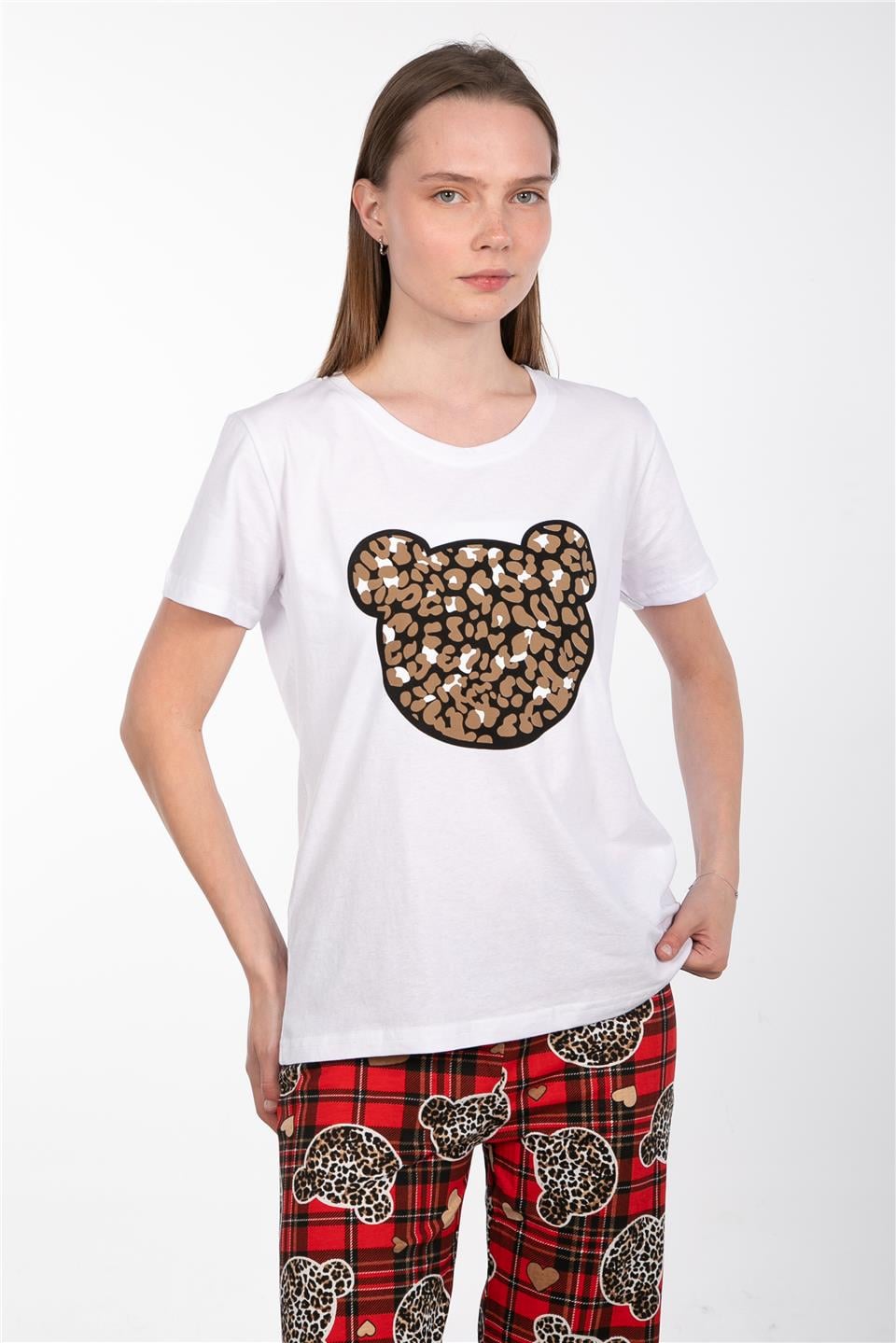Desenli bisiklet yaka pijama takımı-2042 Leopar Ekose
