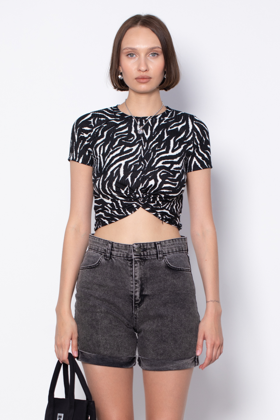 Desenli crop bluz-6080-1 Siyah Zebra