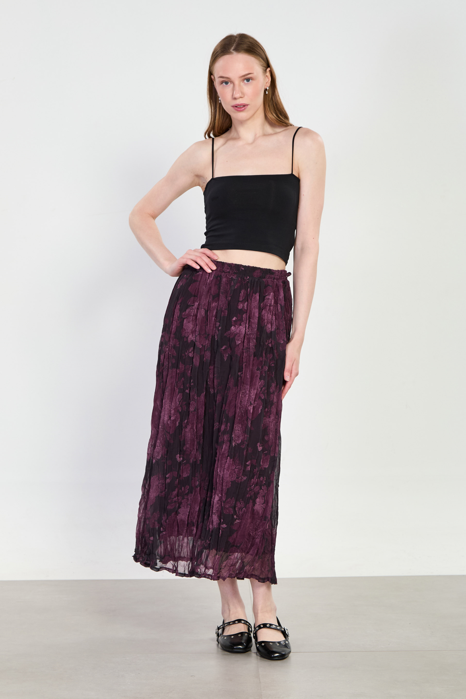 Kadın Beli Lastikli Çiçek Desen Kraşlı Etek - Mürdüm