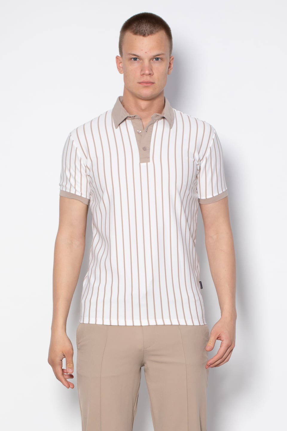Dik çizgili polo yaka t-shirt-9081 Sütlü Kahve
