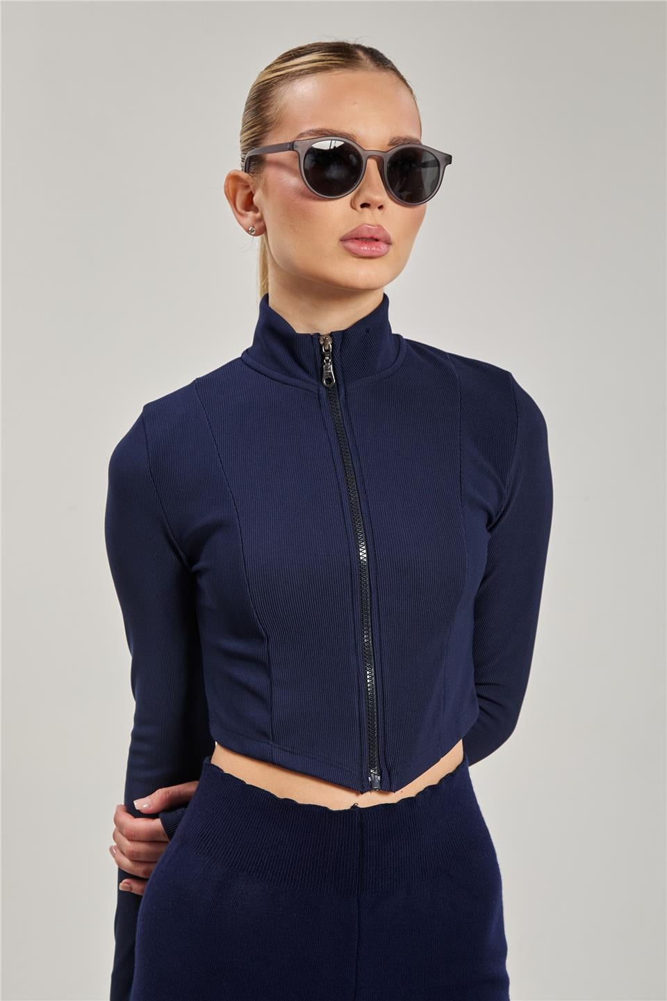 Dik yaka fermuarlı body-1776 Lacivert