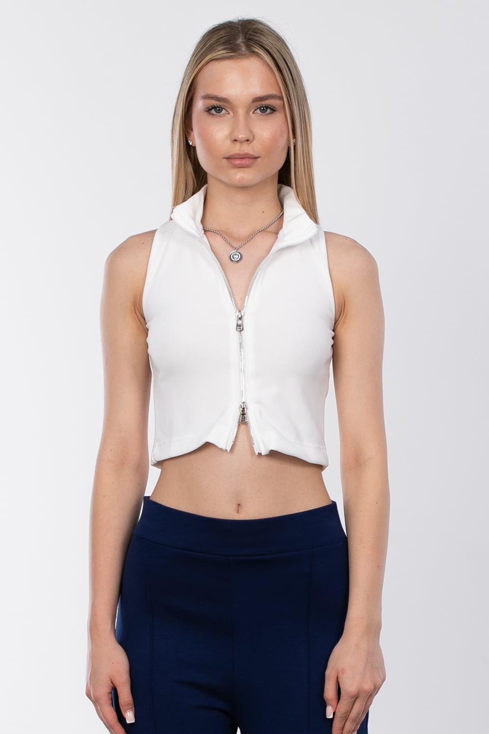 Dik yaka fermuarlı body-6104 Beyaz