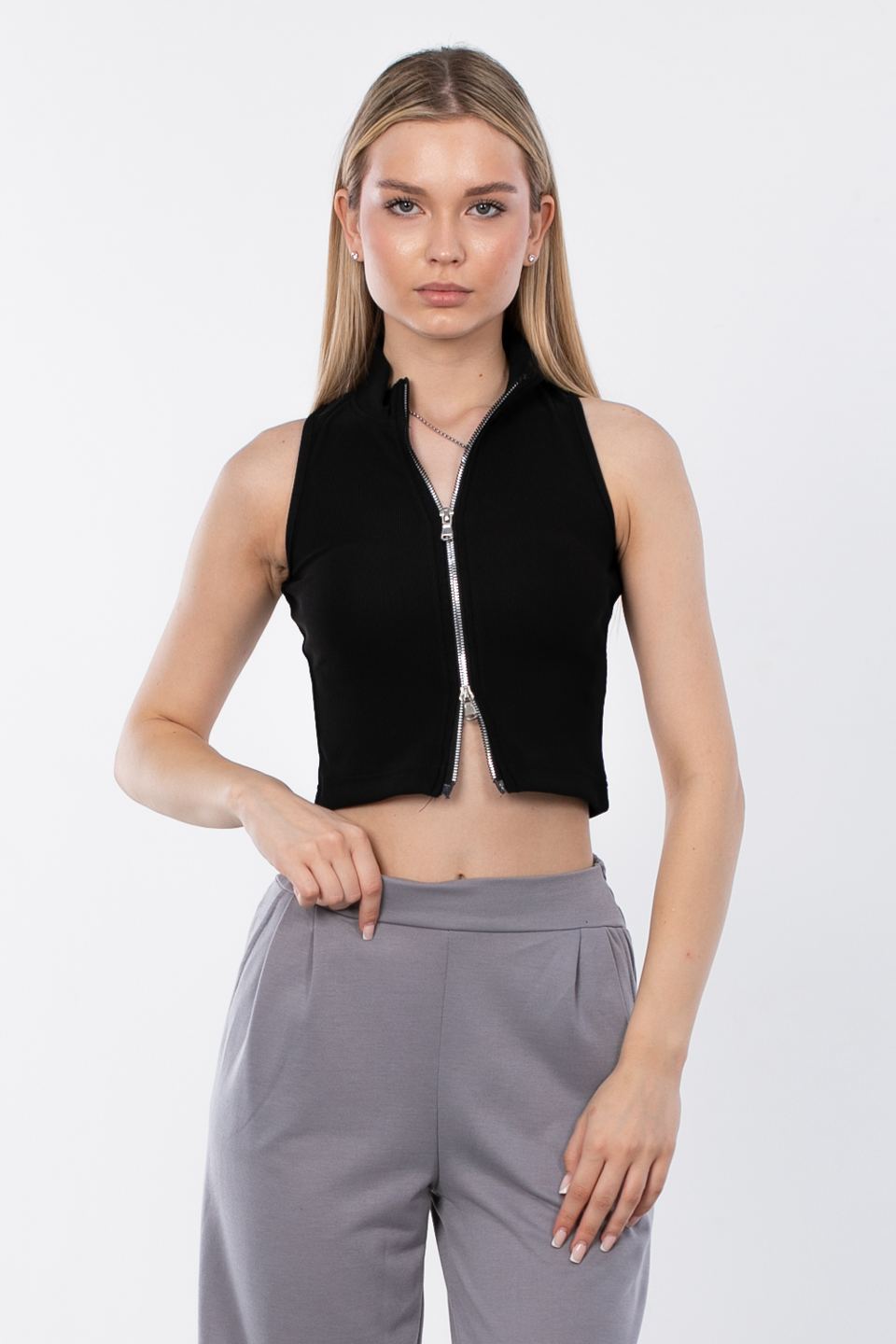 Dik yaka fermuarlı body-6104 Siyah