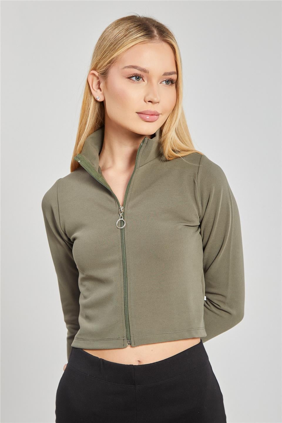 Dik yaka fermuarlı body-612-31 Haki