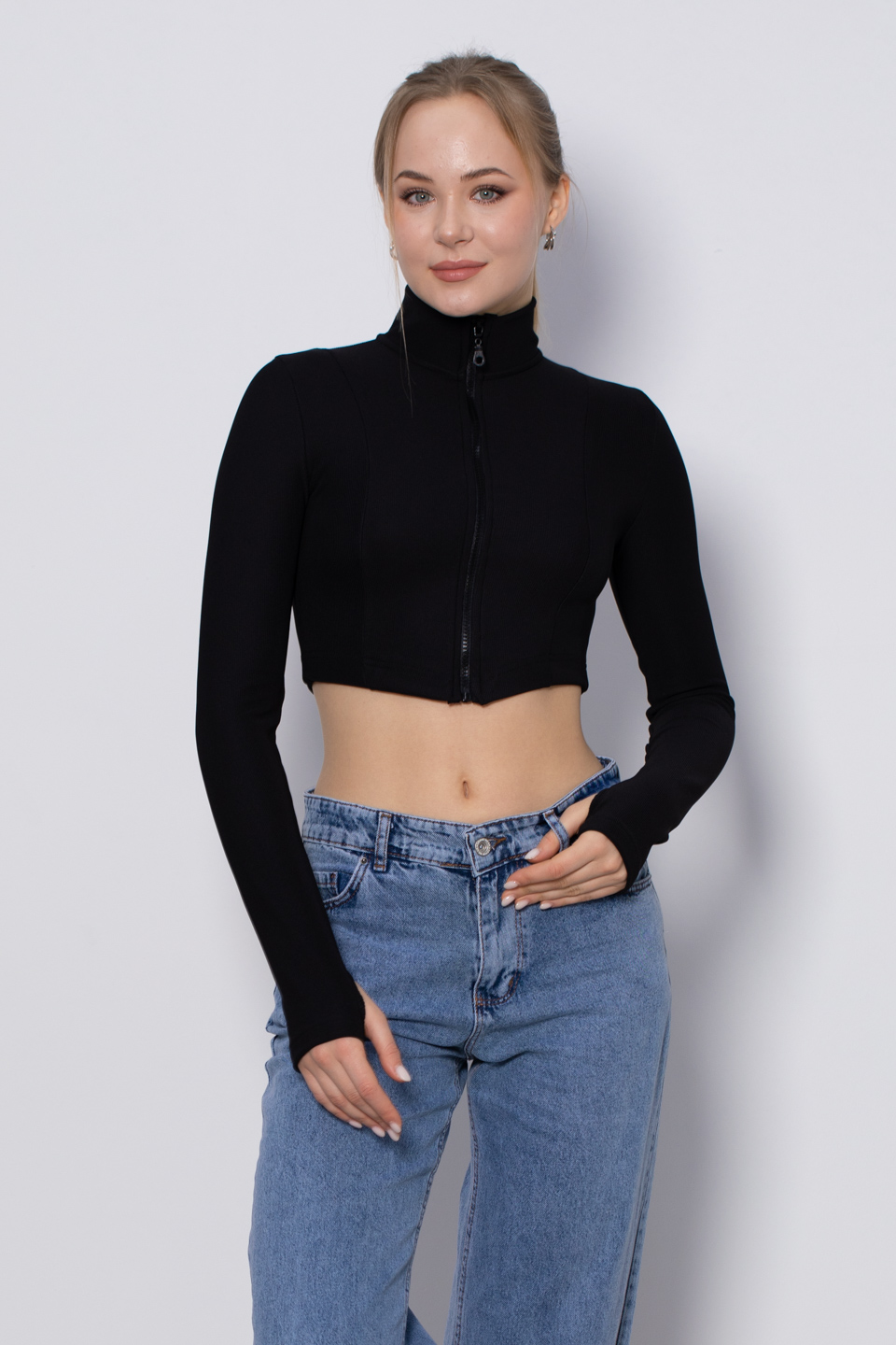 Dik yaka fermuarlı crop hırka-5389 Siyah