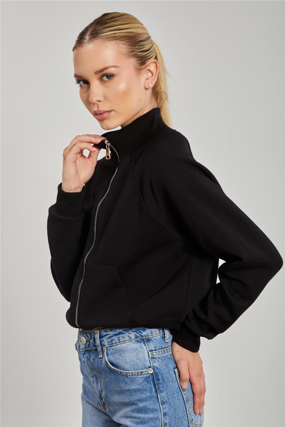 Dik yaka fermuarlı sweatshirt-10679 Siyah