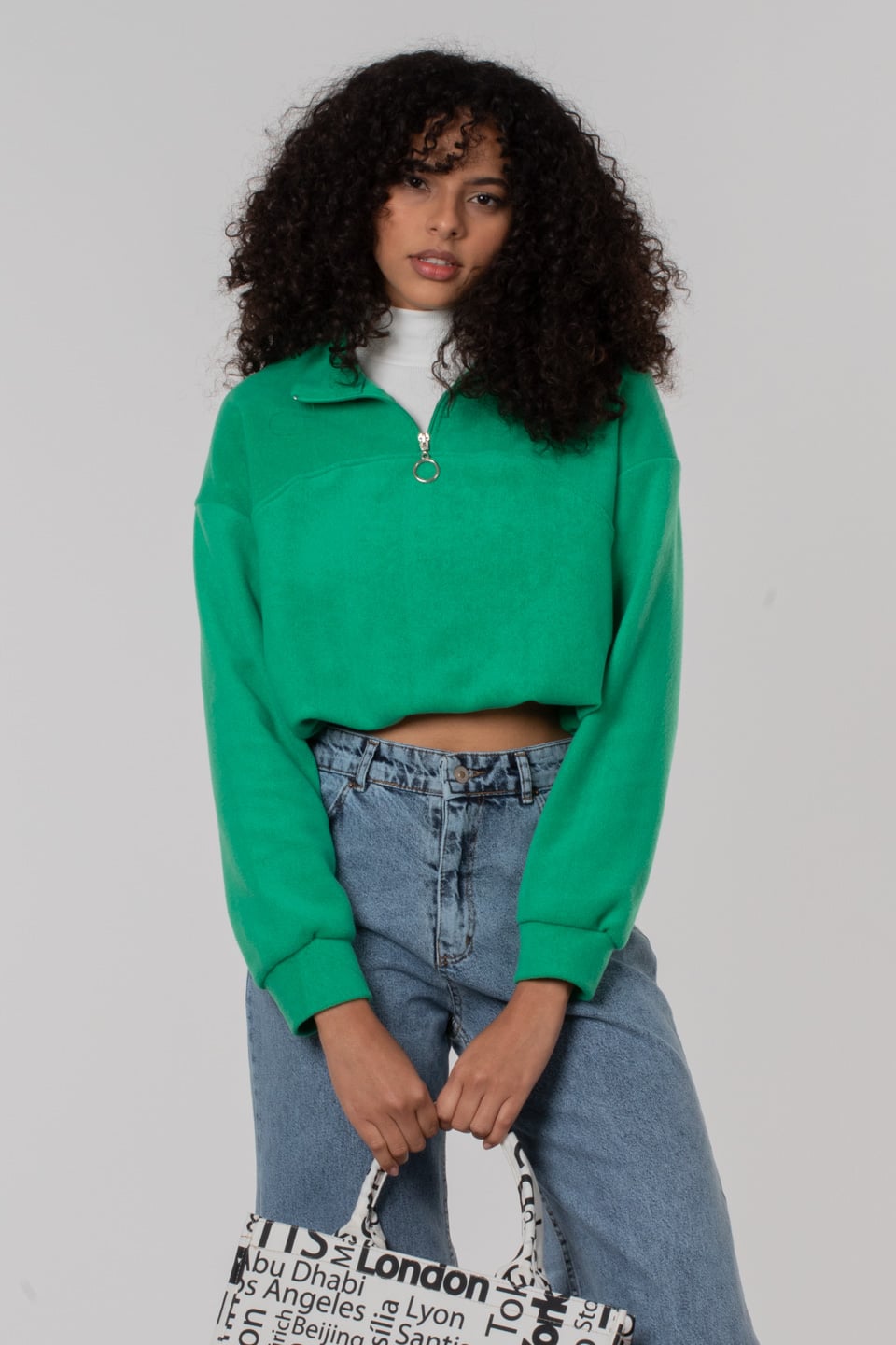 Dik yaka fermuarlı sweatshirt-7749 B.Yeşil