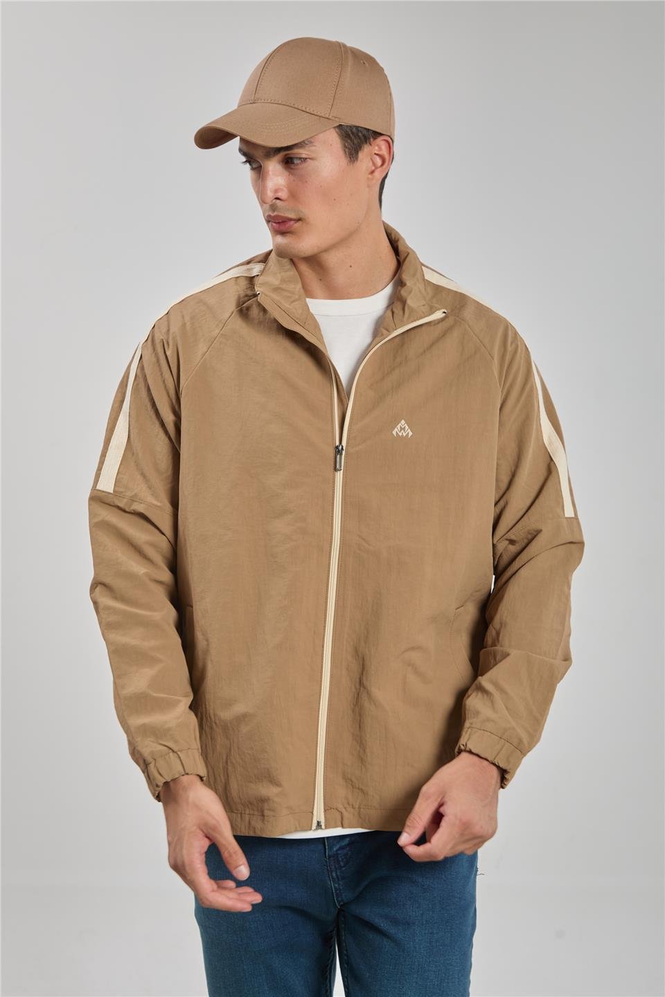 Dik yaka kalın kol biyeli ceket-2898 Vizon