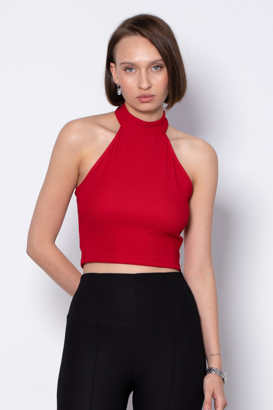 Dik yaka kolsuz bluz-6209 Kırmızı